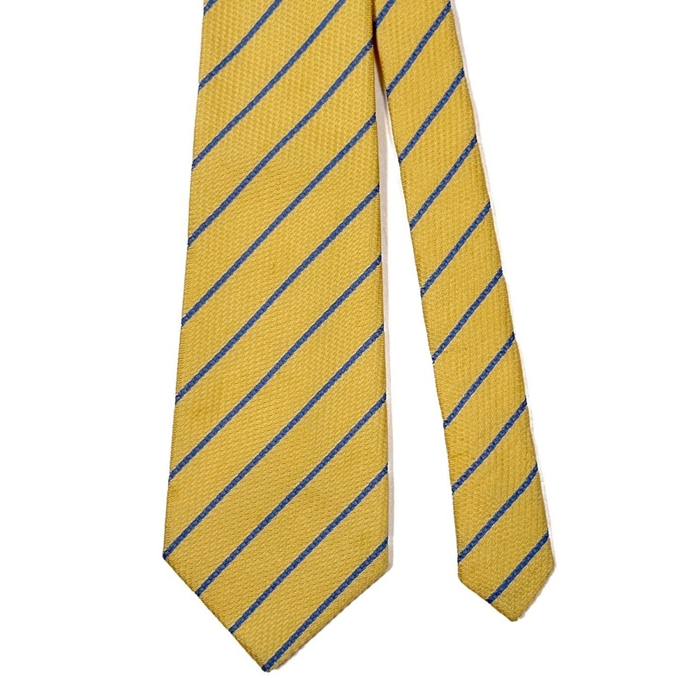 Turnbull Asser London Yellow Blue Stripe Silk Hand Made Necktie Width: 3.75"
